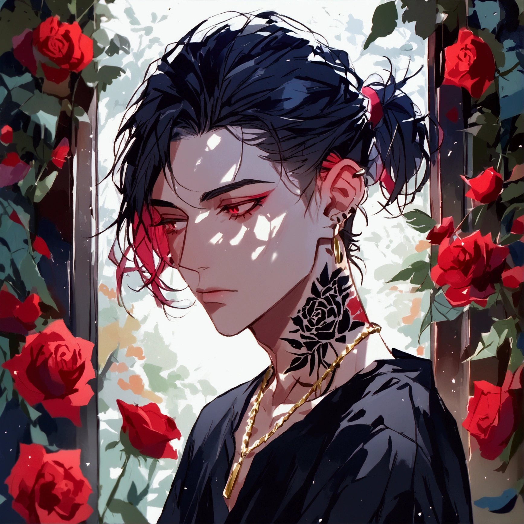 Alone, 1 male, Watercolor,Black hair with red inner color,  ponytail,Man Bun,Red eyes, Black Shirt,,Stylish,Ear Piercing,blue rose tattoo on neck, gold necklace,Oversized shirt,Face up,
black background