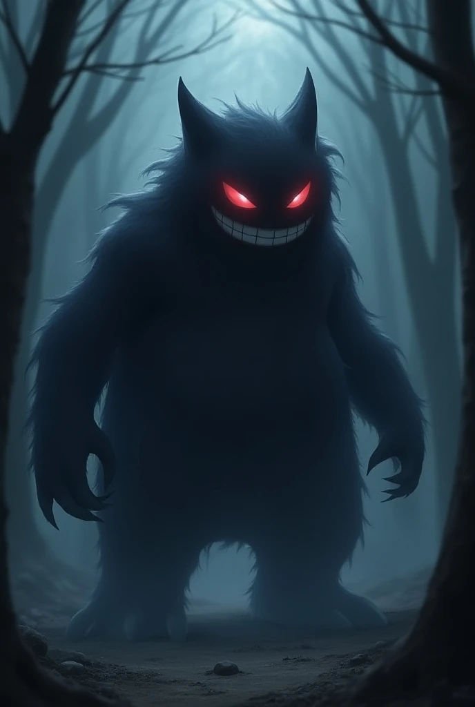 a monstrous gengar and right behind it the huge pokemon hunter 10x bigger