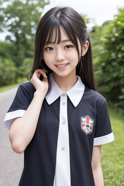 High quality masterpiece, 8k, , Japanese Girls, RAW Photos,          absurd, Winner portrait smile face, 笑face, Alone, uniform, Summer Clothes Idol&#39;face, violet, Gardenia, Delicate girl,              long black hair             , Dark Eyes, Upper body digital SLR,             Observe the Audience, Frank, Sophisticated, Like々Shii, Thin arms,             Professional lighting that protrudes forward     ,            film grain         ,  chromatic ablation, (Details of the eye and face: 1.0), (Bokeh button:1.1)