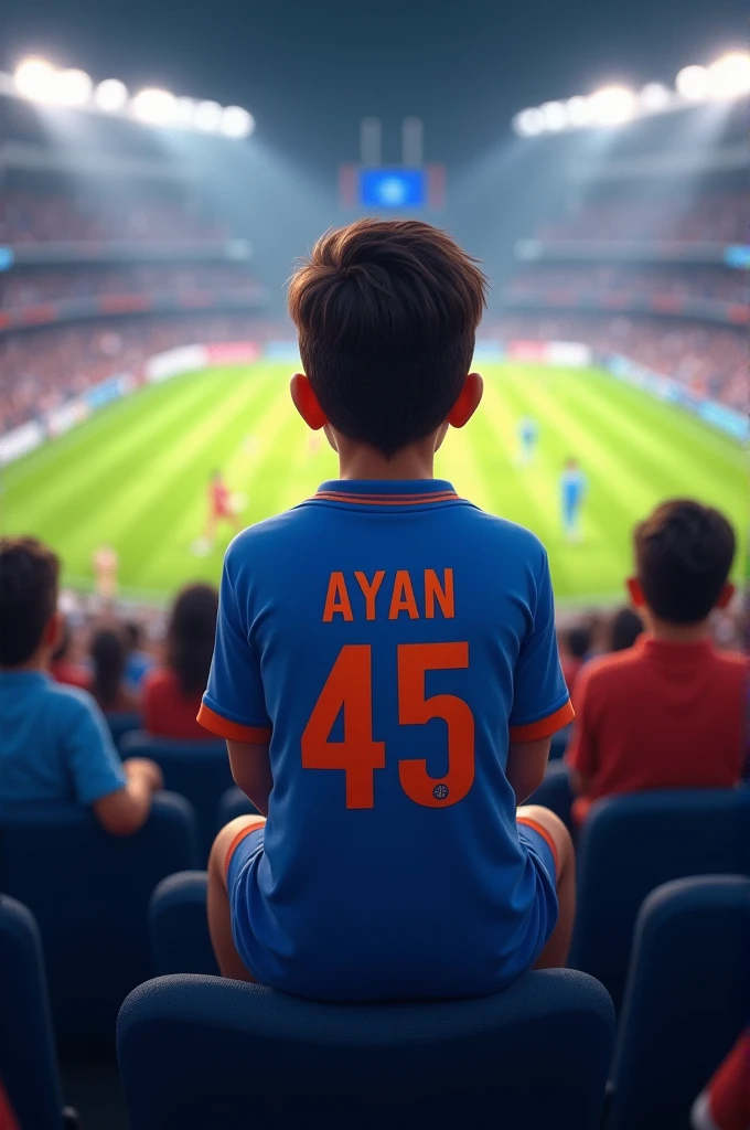A boy stand at cricket stadium photo click form behind boy shirt name arham