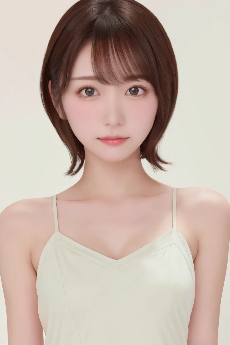 Best Quality, (beautiful)、beautiful女性、Precision Eyes、 semi-short hair 、 brown eyes 、Fine skin、 camisole、 upper body