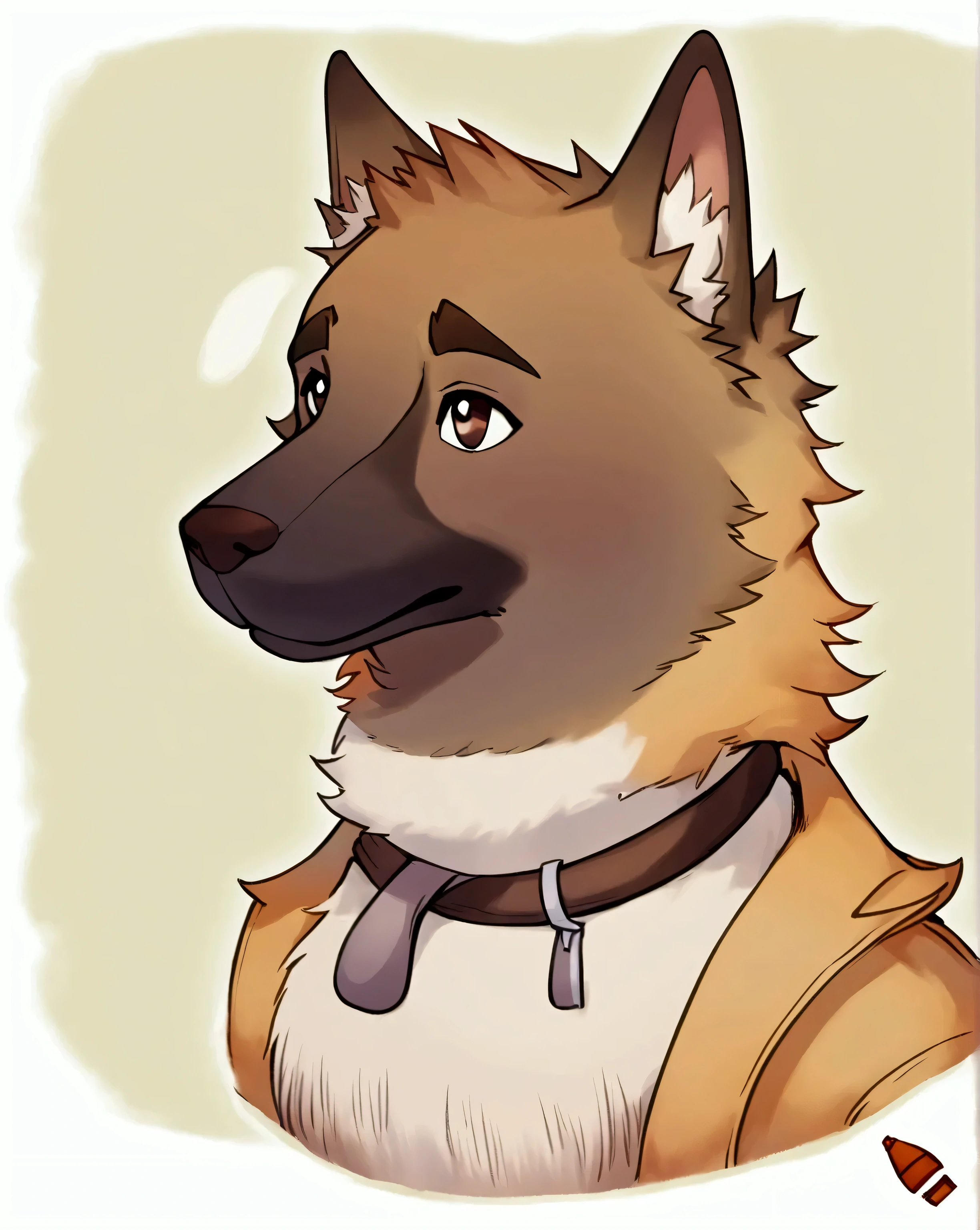 A furry of a Catalan shepherd dog, style vagabond and unkempt, who cares for another furry younger puppy, breed chow chow chocolate colo