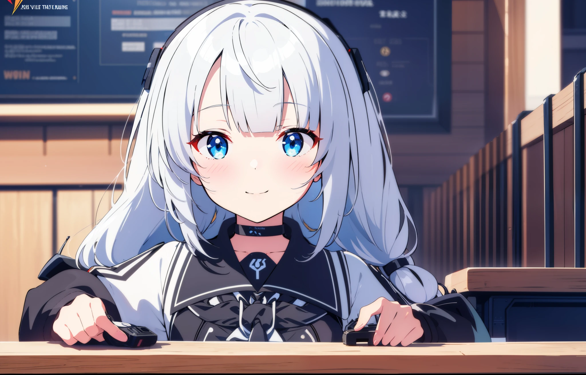 solo girl rgb ray tracing gaming room les neon gaming pc gaming ray tracing vtuber nekomimi white hair blue eyes school uniform navy 1 girl, High resolution, long hair, blush, smile, perfect body anatomy perfect perfect hands gran calidad de detalle