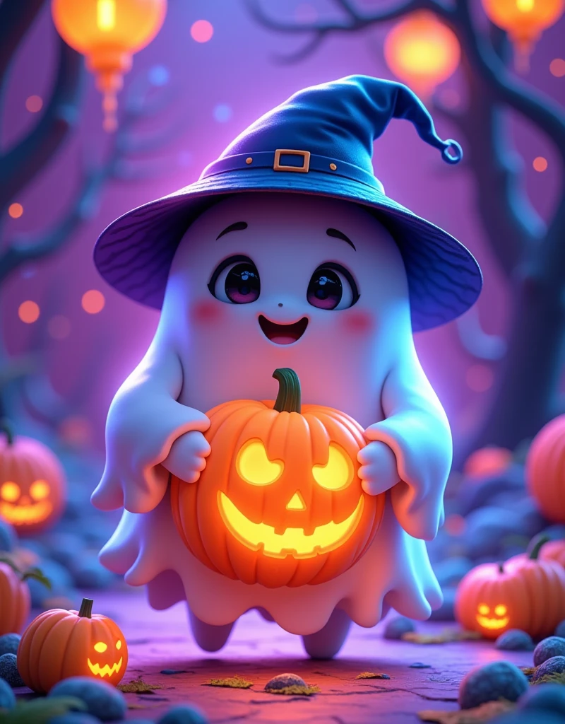 An adorable, cute ghost character holding a pumpkin, wearing a hat, and smiling with glowing eyes against a purple light background. The scene is rendered using the C4D OC renderer with high detail. The title of the illustration reads "Halloween Midjourney" in a playful font.