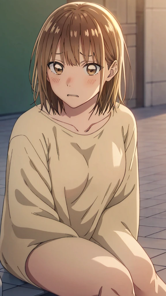 sauce_anime, ambient light,, 1tall girl,
1girl ,, medium hair,  beige hair, , bangs, brown eyes,, ((wince, frown)), perfect eyes , Perfect face, expressive eyes, close up face:0.2, 
(((nude))),
outdoors, school , realistic school, , (sitting),, blush, , 
looking at viewer,, ,  clenched teeth, saliva ,,, sunny day, medium breast,　　