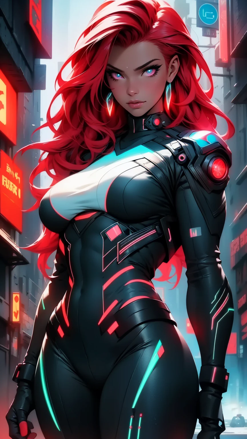 a futuristic woman with long red hair, beautiful detailed eyes, beautiful detailed lips, extremely detailed face, longeyelashes, muscular curvy body, dark moody atmosphere, dramatic lighting, intricate futuristic cyberpunk outfit, advanced futuristic technology, glowing neon elements, cyberpunk cityscape background, best quality, 8k, high resolution, photorealistic, hyper detailed, digital painting, muted color palette, dramatic lighting, cinematic composition