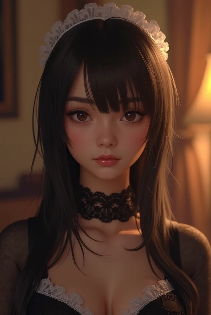 (masterpiece),((ultra-detailed)), (highly detailed CG illustration),(expressionless), (best quality:1.2),realistic8K UHD, High definition,(1girl:1.2),High quality texture, intricate details, detailed texture, finely detailed, high detail, High quality shadow, a realistic representation of the face, Detailed beautiful delicate face, Detailed beautiful delicate eyes, brown eye pupil, a face of perfect proportion, Depth of field, Cinematic Light, Ray tracing,perspective,20s, tall girl,blush,glossy lips, perfect body, lean body, Particles of Light, medium breast, distinct_image, high_resolution, (lustrous skin), solo focus, (brown hair), (finely detailed beautiful eyes and detailed face),(detailed face), (streaked hair), light source contrast, (black hair:1.5), ((black lace dress)), ((black thighhighs)), high heel shoes, ((maid:1.5)), living room