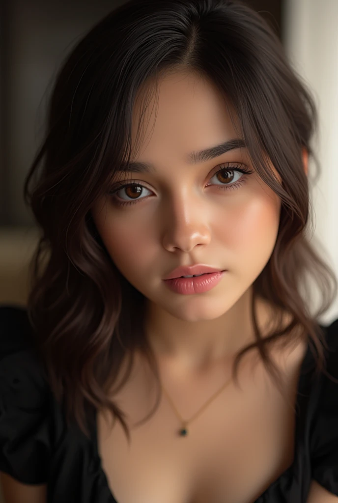 (masterpiece),((ultra-detailed)), (highly detailed CG illustration),(expressionless), (best quality:1.2),realistic8K UHD, High definition,(1girl:1.2),High quality texture, intricate details, detailed texture, finely detailed, high detail, High quality shadow, a realistic representation of the face, Detailed beautiful delicate face, Detailed beautiful delicate eyes, brown eye pupil, a face of perfect proportion, Depth of field, Cinematic Light, Ray tracing,perspective,20s, tall girl,blush,glossy lips, perfect body, lean body, Particles of Light, medium breast, distinct_image, high_resolution, (lustrous skin), solo focus, (brown hair), (finely detailed beautiful eyes and detailed face),(detailed face), (streaked hair), light source contrast, (black hair:1.5), ((black lace dress)), ((black thighhighs)), high heel shoes, ((maid:1.5)), living room