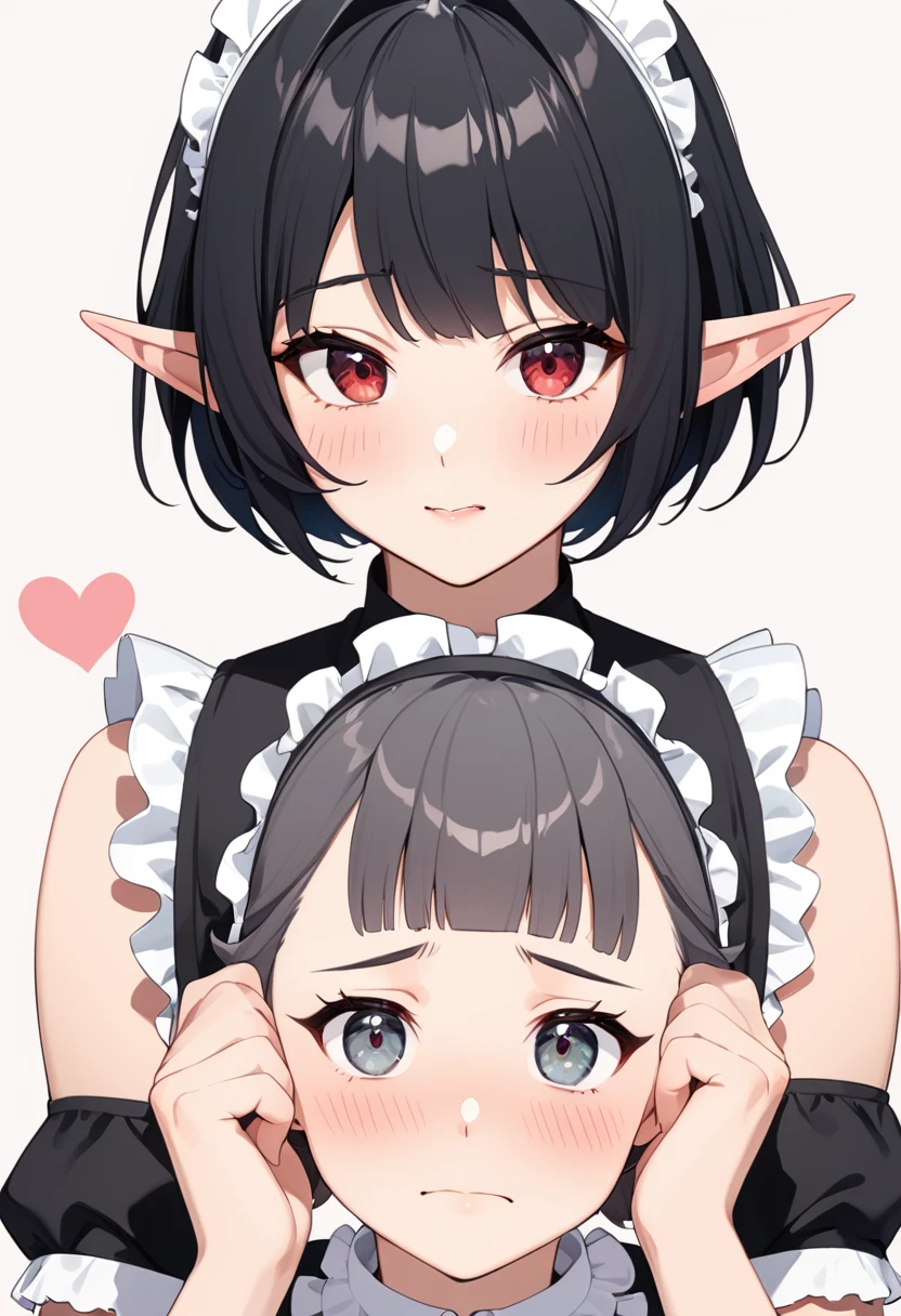 1girl, elf, wearing maid bikni, bashful expression, blushing red, short hair, gray eye color, (Black hair color)