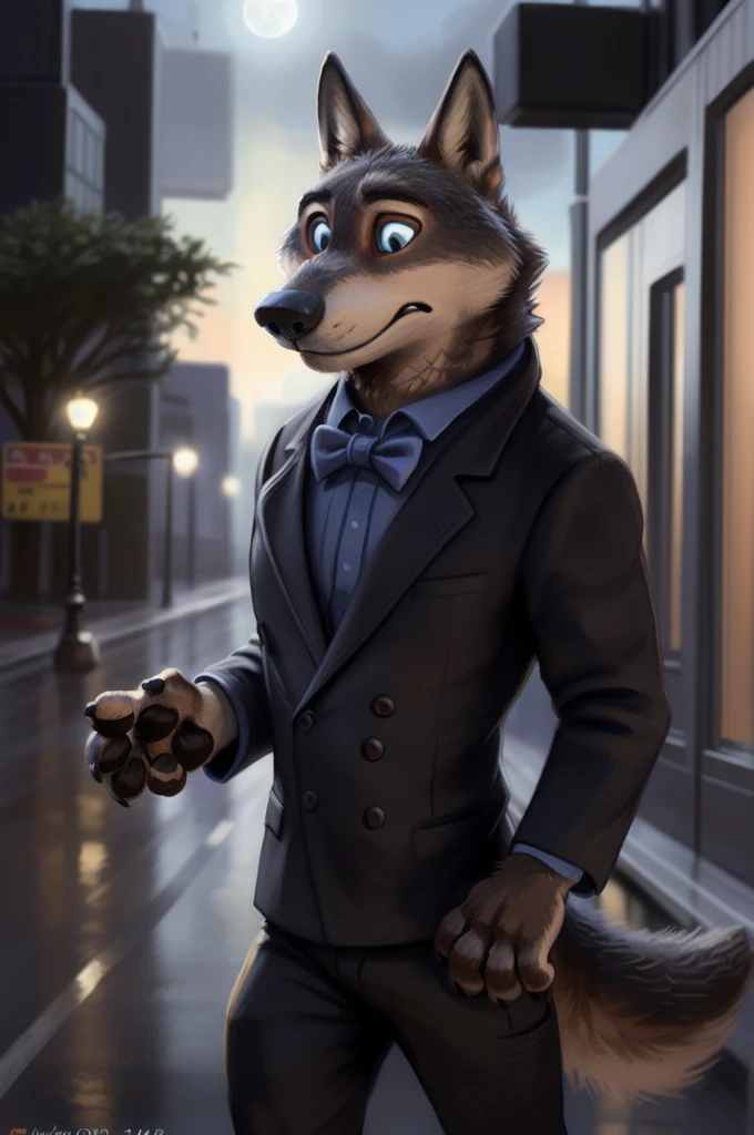 Larry (zootopia), gray fur, (brown body:1.3),  blue eyes , zootopia,  sobachiy, wolf, detailed fur, male, antro, paw pads, finger claws, 5 fingers, paws, 4 fingers, Night, full moon, tail, red carpet, suit, black bow tie,long trousers, Dor-15 with a red robotic eye in the frontal part, \(suit\), GAP from bruteandbrawn ,  personalities , from Kenket, (intricate, high detail, photo film,  soft focus , RAW raw movie , photorealism,  Realistic , photo Realistic ,  analog style ,  scattering under the surface , masterpiece,  Best quality , ultra  Realistic , 8 k)