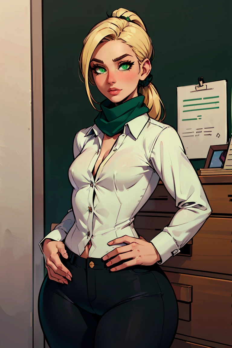 a ((short)),((very young)), ((muscular)), (((small chested girl))),((very wide hips)),((six pack)),thick thighs,((blonde hair)),blonde eyebrows,((((green eyes)))),((((very detailed eyes)))),((scarf)),((Business jacket)),((Button Down Shirt)),((Suit Pants)),(soft smile),heavy blush, pony tail, office background, medium shot,((detailed hands))