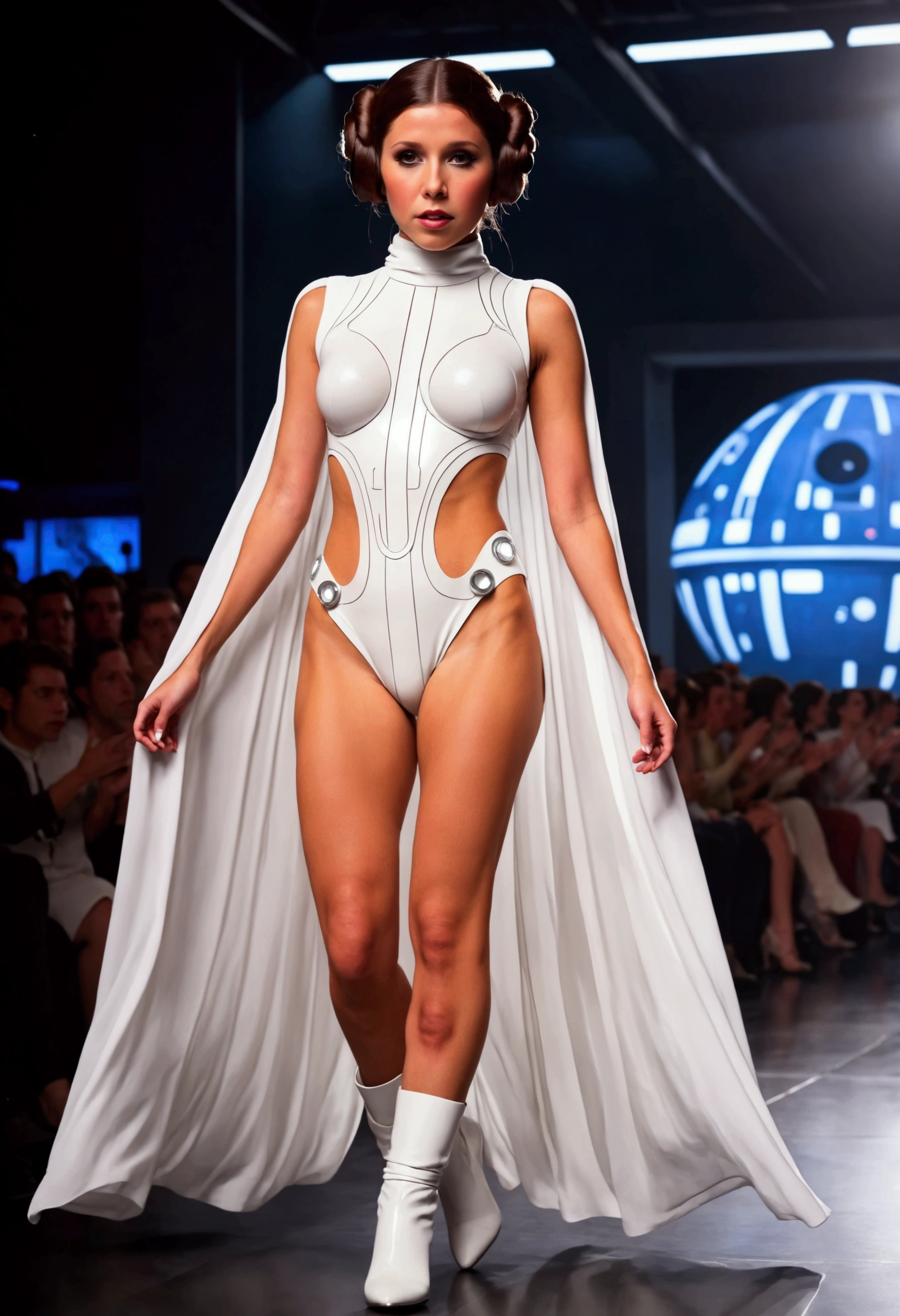 star wars fashion show, princess leia (cute, age 25, sheer white futuristic outfit, no underwear) model strut and poses, large audience, sci fi fashion run way