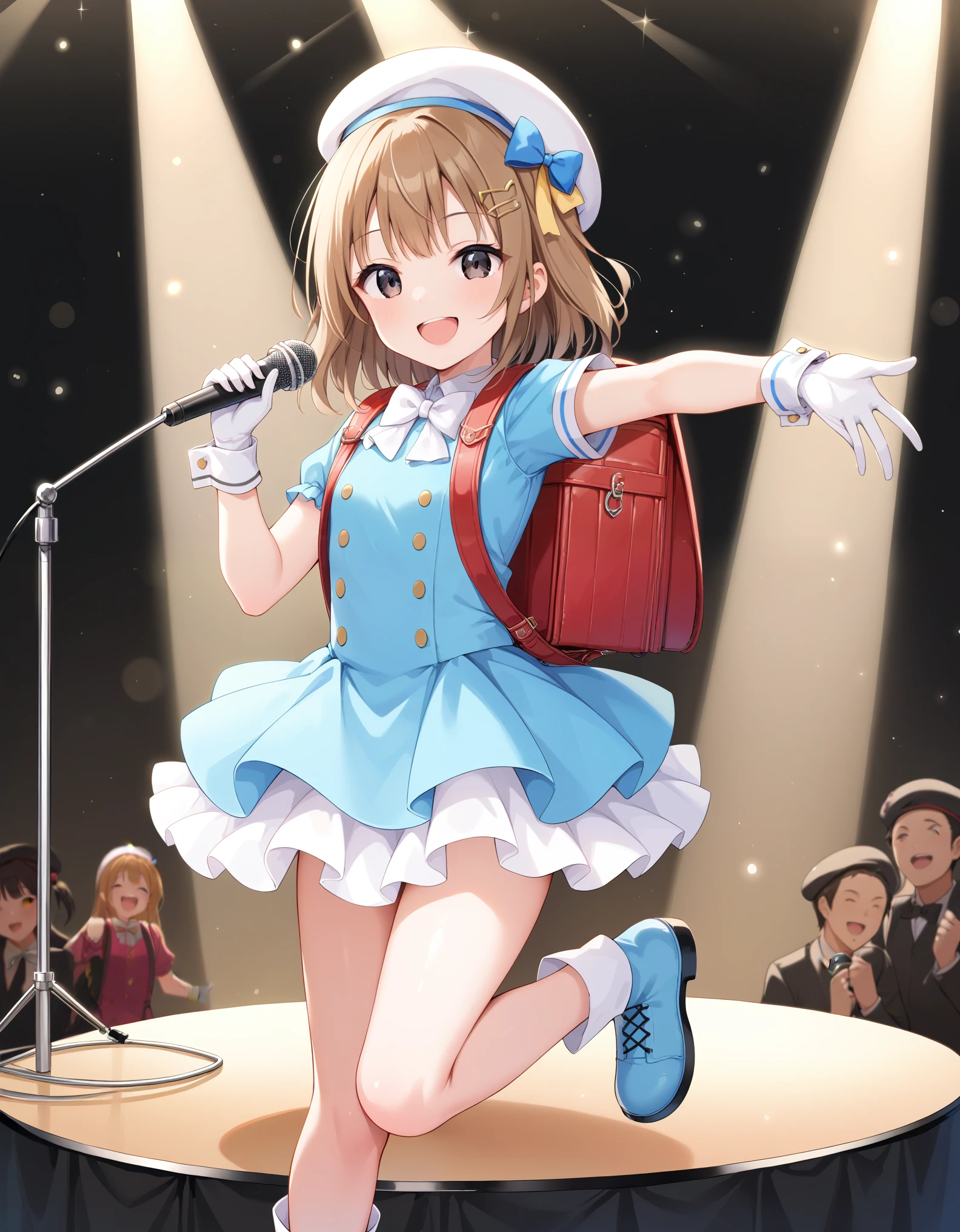 (girl) (solo) ((cute dress)) (colorful dress) (idol dress) (slender body) (thin body), (brown hair) (black eyes) (white skin) (longhair), happy and confident expression. full body,  stage, long hair, hair clip, hair ribbon, hair ornaments, (ch1ldren playing), short girl, long straight hair, thin legs, flat chest, flat breasts. ( playing) (happy, smile, cheerful), white gloves, beret, white headwear, hat bow,  bowtie, short sleeves, wrist cuffs, boots, stage, smile, open mouth, holding microphone, wearing randoseru backpack, square backpack, red backpack, singing, singing on stage, lighting