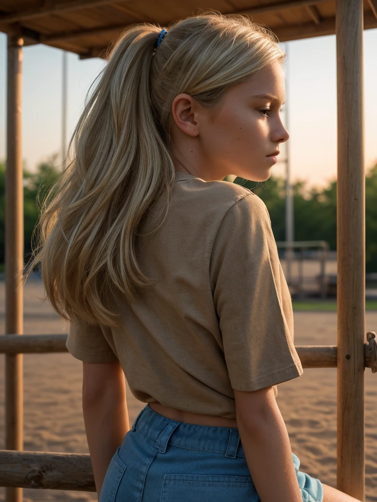 A candid photograph of a young blonde teen school girl. She's sitting on top of the monkey bars in the playground. She's wearing brown canvas shorts and a tight short sleeved shirt. She is looking behind her. Photo is taken in the 90s. She's glancing back towards the viewer.

 1girl, Solo, High Resolution, Looking at viewer, From Behind, High Resolution, Masterpiece, Accurate, Anatomically Correct, Award Winning, Best Quality, Detail, High Details, High Quality, Quality, Super Detailed, Blonde Hair, Closed Mouth, Hyperdetailed, Hyperrealism, Photorealistic, Portrait Photography, volumetric lighting, 