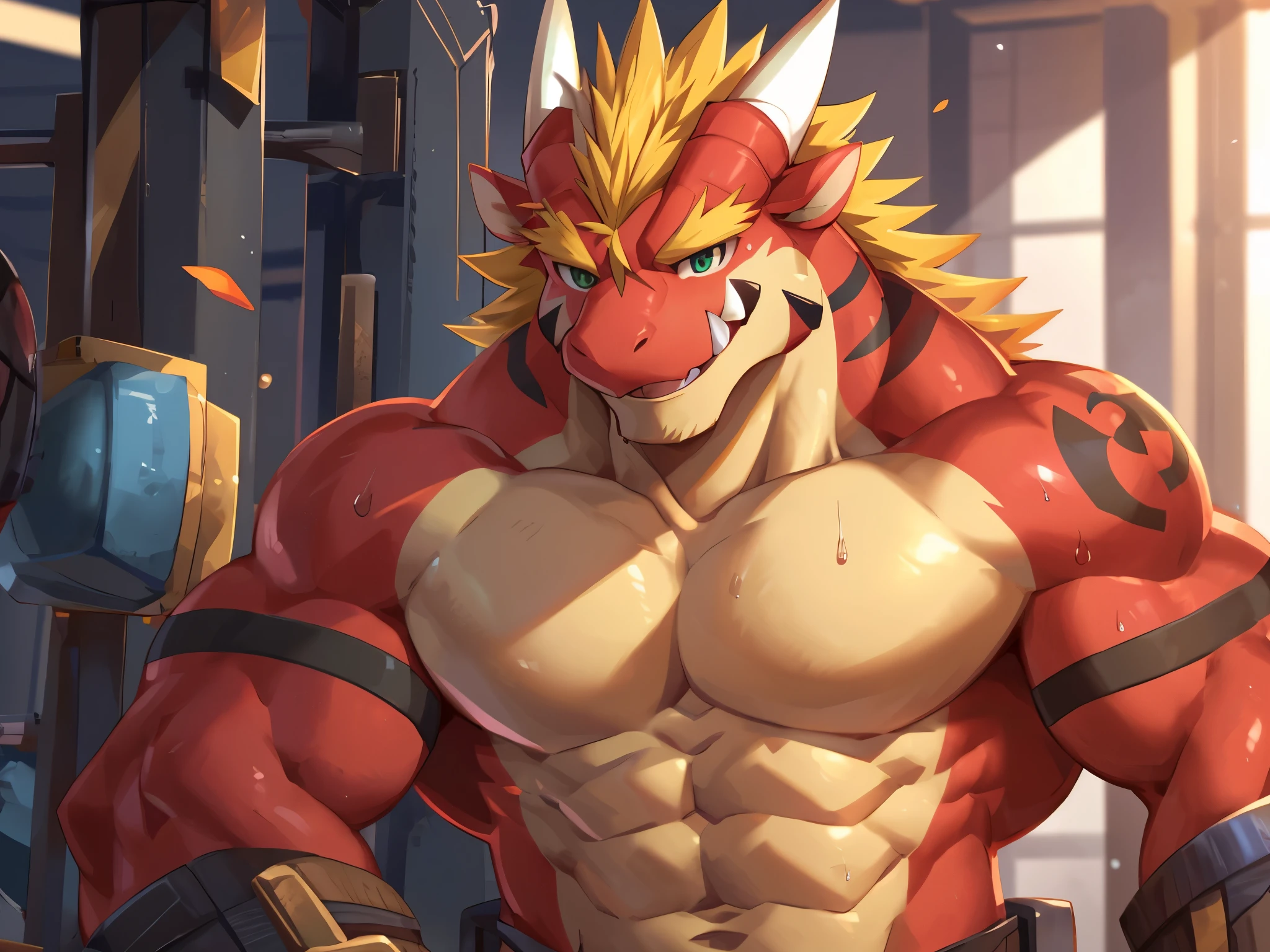 human nature, cannon, male, Solitary, Delga, ((Round Face, The face is plump, Medium Yellow Hair, two white horn)), ((Muscular body, Bara, Hot, Sweat, Handsome)), ((Red Dragon, Dragon) Red Fur, Muscular body, Shirtless, Boxer,), (in the gym), Bokeh, (high quality, high resolution, masterpiece), (Dynamic Lighting, Vibrant colors), (Generous smile), author Takemoto Arashi, by zixiong, By Chunni, author Empty Ghost.