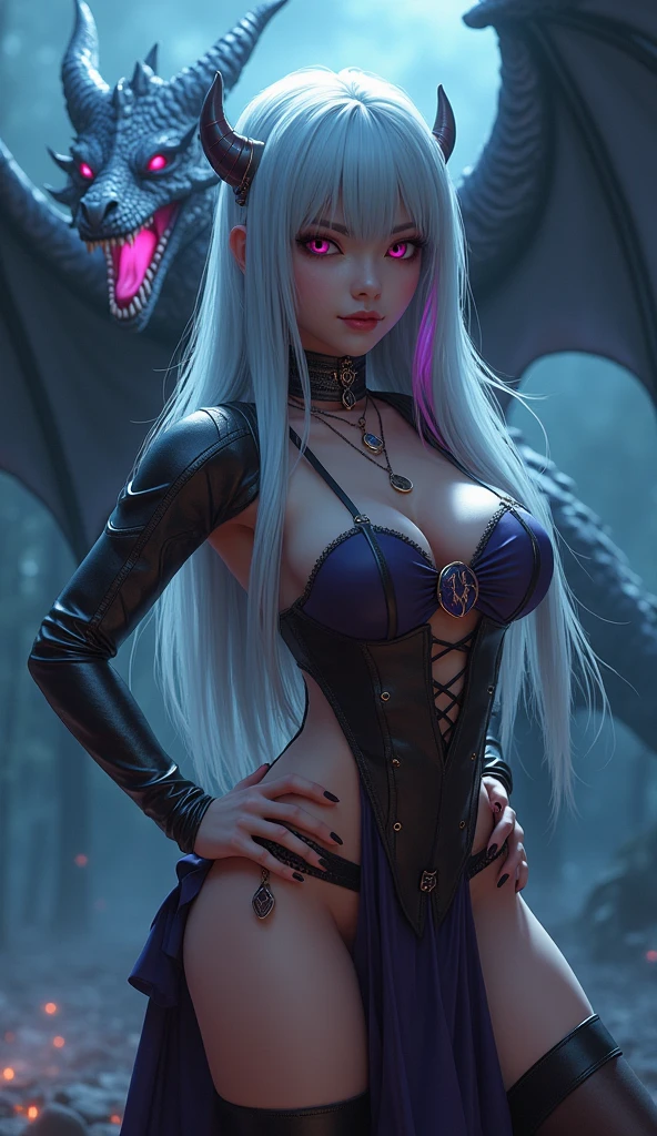 a beautiful big-breasted anime MILF with long black straight hair, dark red eyes, wearing a chain mail bikini, an anime-style black dragon behind her, detailed facial features, hyper detailed, intricate, complex, ornate, dramatic lighting, cinematic, award winning digital art, masterpiece, 8k, high resolution, photorealistic, vibrant colors, chiaroscuro lighting, incredible detail, elegant, mysterious, powerful, dynamic, fantasy, dark fantasy