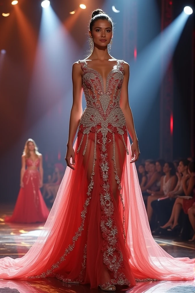 Top quality, Masterpiece, hyper HD, (Photorealistic: 1.4), RAW photo, A lot of girls,Beautiful woman,Mature woman,light make-up,Fashion model,Fashion Week,Model catwalk,Extravagant evening dresses,T-shaped stage,Complete the model steps,Exposed cleavage,show legs,showing belly,cropped shoulders,(There is no skirt:1.0),Oversized breasts,