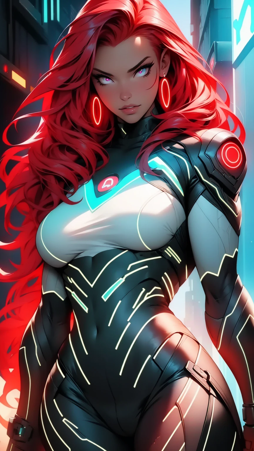 a futuristic woman with long red hair, beautiful detailed eyes, beautiful detailed lips, extremely detailed face, longeyelashes, muscular curvy body, dark moody atmosphere, dramatic lighting, intricate futuristic cyberpunk outfit, advanced futuristic technology, glowing neon elements, cyberpunk cityscape background, best quality, 8k, high resolution, photorealistic, hyper detailed, digital painting, muted color palette, dramatic lighting, cinematic composition