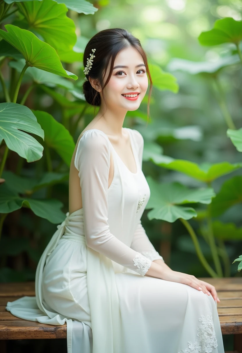 a beautiful woman wearing aoyemtrang dress, white top, white skirt, sitting on a wooden bench surrounded by lush green leaves. The background is slightly blurred, giving the image a dreamy, ethereal feel, fresh and natural, Asian features, slight smile, ultra high definition