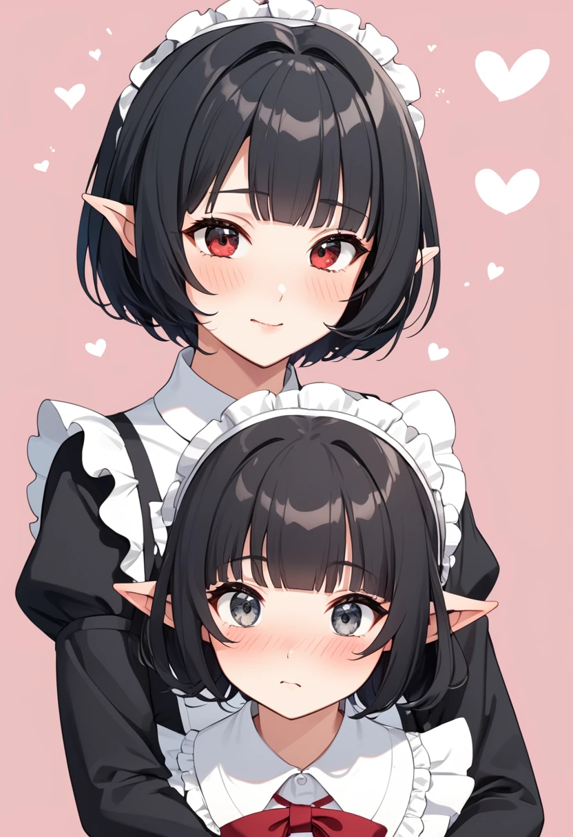 1girl, elf, wearing maid bikni, bashful expression, blushing red, short hair, gray eye color, (Black hair color)1girl, elf, maid. maid uniform, bashful expression, blushing red, short hair, gray eye color, (Black hair color)