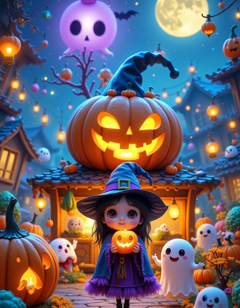  A pumpkin-shaped Halloween store 。 This store is in the center of the image ， surrounded by lettuce and man-eating flowers 。The sky is blue，in front of the store， There is a little witch wearing a black magic hat ， with a pumpkin lamp in her hands 。 The little witch has a funny face ，Wearing a blue magic cloak。 There are a few cute white ghosts next to her ，Big eyes，A bright smile。far away，There is a yellow moon ， with a purple atmosphere ， that reveals the weird and mysterious environment of Halloween {x}
