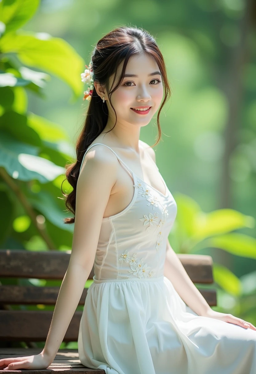 a beautiful woman wearing aoyemtrang dress, white top, white skirt, sitting on a wooden bench surrounded by lush green leaves. The background is slightly blurred, giving the image a dreamy, ethereal feel, fresh and natural, Asian features, slight smile, ultra high definition