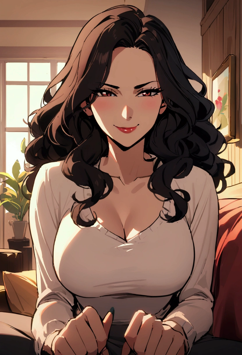 Milf, mature woman, elegant, (black hair), long hair, (silver eyes), casual clothes, (((buxom))), bodice, fur trim, portrait, upper body, curvaceous, 4k resolution, high quality, lurid smile, lewd smile, slight blush