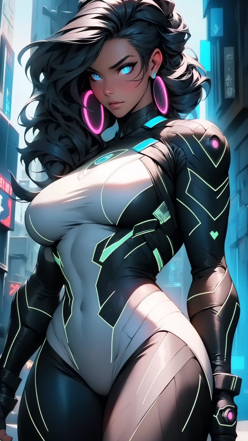 a futuristic woman with long black updo hair, beautiful detailed eyes, beautiful detailed lips, extremely detailed face, longeyelashes, muscular curvy body, dark moody atmosphere, dramatic lighting, intricate futuristic cyberpunk outfit, advanced futuristic technology, glowing neon elements, cyberpunk cityscape background, best quality, 8k, high resolution, photorealistic, hyper detailed, digital painting, muted color palette, dramatic lighting, cinematic composition