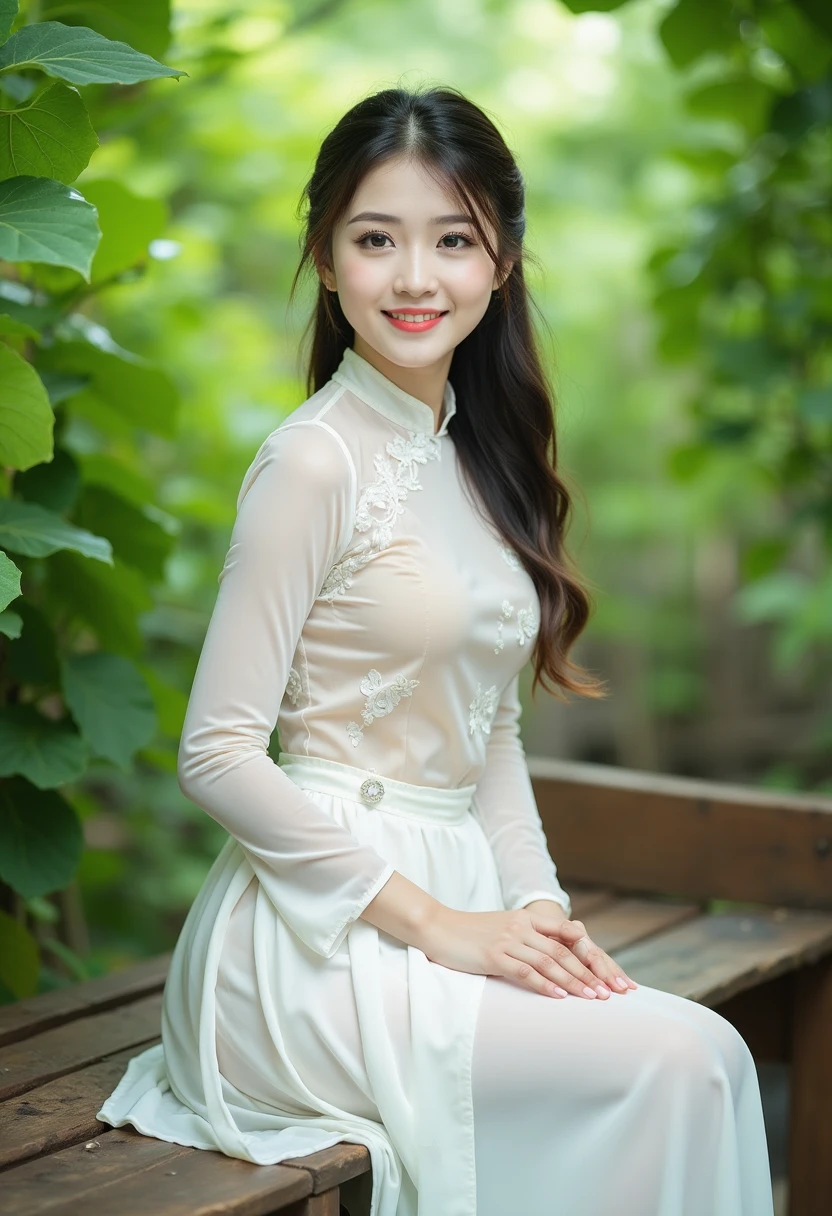 a beautiful woman wearing aoyemtrang dress, white top, white skirt, sitting on a wooden bench surrounded by lush green leaves. The background is slightly blurred, giving the image a dreamy, ethereal feel, fresh and natural, Asian features, slight smile, ultra high definition