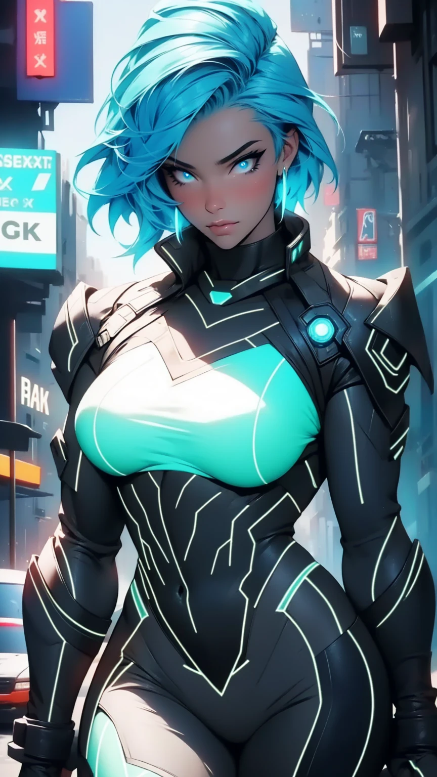 a futuristic woman with short blue hair, beautiful detailed eyes, beautiful detailed lips, extremely detailed face, longeyelashes, muscular curvy body, dark moody atmosphere, dramatic lighting, intricate futuristic cyberpunk outfit, advanced futuristic technology, glowing neon elements, cyberpunk cityscape background, best quality, 8k, high resolution, photorealistic, hyper detailed, digital painting, muted color palette, dramatic lighting, cinematic composition