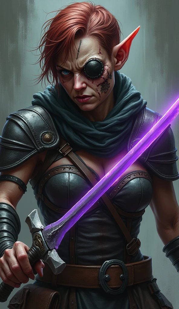 White skin girl. Her figure, Busty, Curvy, The right direction, Bunny ears, Cat tail, Magenta hair color, Deep magenta eyes, Brown skin, Sword in hand, A large ragged cloth like a cloak was wrapped around the waist, chest plate, long gloves, Black long-sleeved shirt under armor, chest plate, Hoodie, Properly drawn sword, Magic Sword, A cloth is wrapped around the waist, Properly drawn sword in hand, Cat ears, Cat tail digital painting, Digital illustration, Extreme detail, Digital art, Knight armor, Loose puff pants, Metal shoes, fully armoured. A cloth is wrapped around the waist. Hands holding a sword. Loose puff pants.