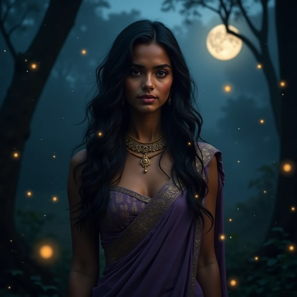 Mouni roy actress with extreme long hair, wearing saree wet, indian culture,big boobs ,no blouse, sitting below the tree night time dark forest,blue moon light, tempting the viewer sexy look ,nude
