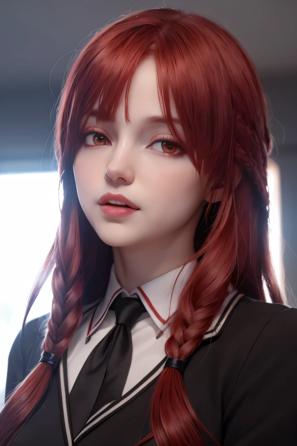 1 girl, star eye, blush,  perfect lighting , Red hair, red eyes, Unreal Engine,  side lighting , detailed face, blows, shiny skin,  simple background , Dark background, cuerpo completo, perfect anatomy, without dark circles,  free expression in the eyes , evil laugh, But very pretty, Bella, glowing face , Yandere,  well-shaped eyelashes , Very nice facial face, School uniform