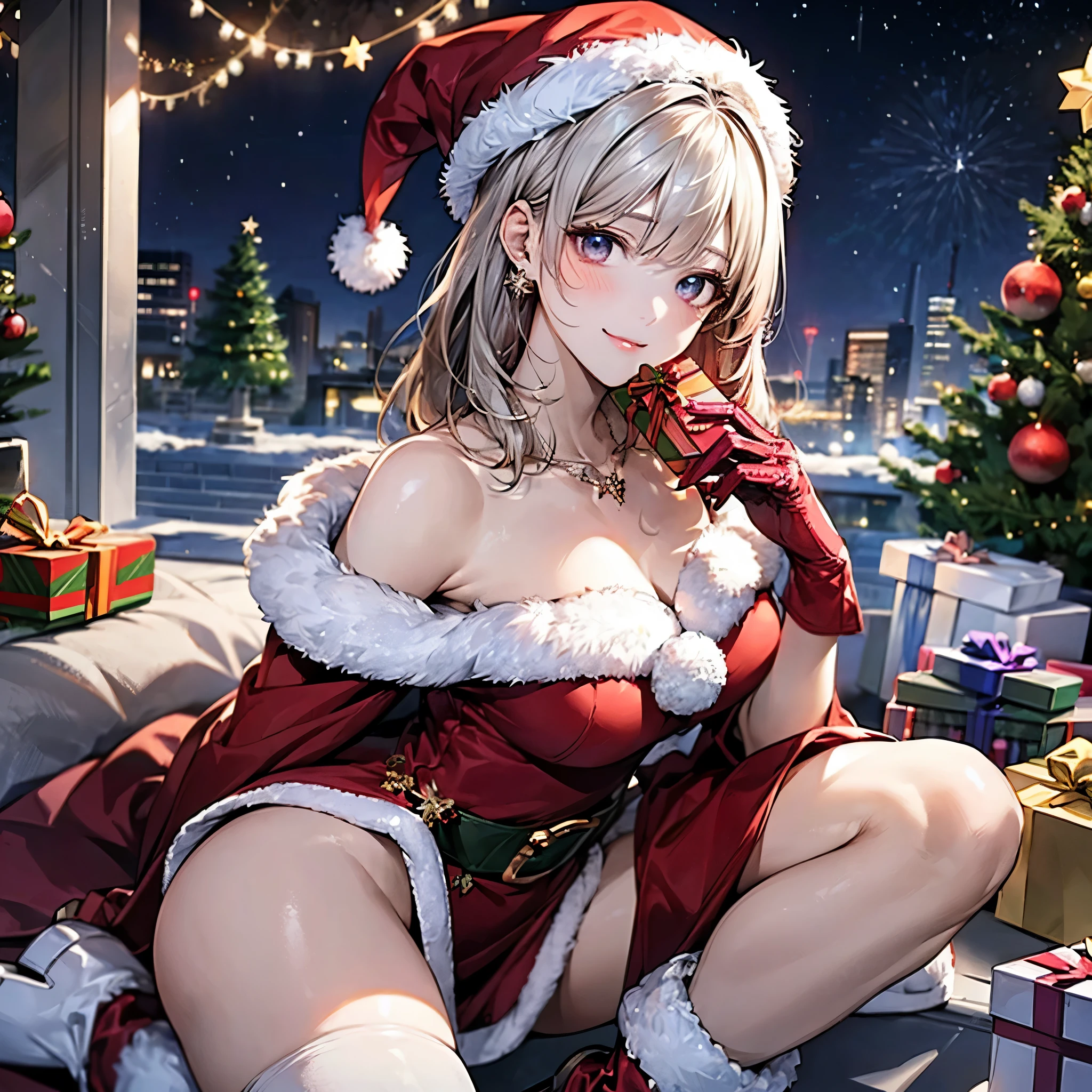 She is a reindeer beastkin, so she doesn&#39;t wear any clothes.、white and beautiful skin、Hairless labia、brown bob cut hair、Cute smile、Christmas Background、