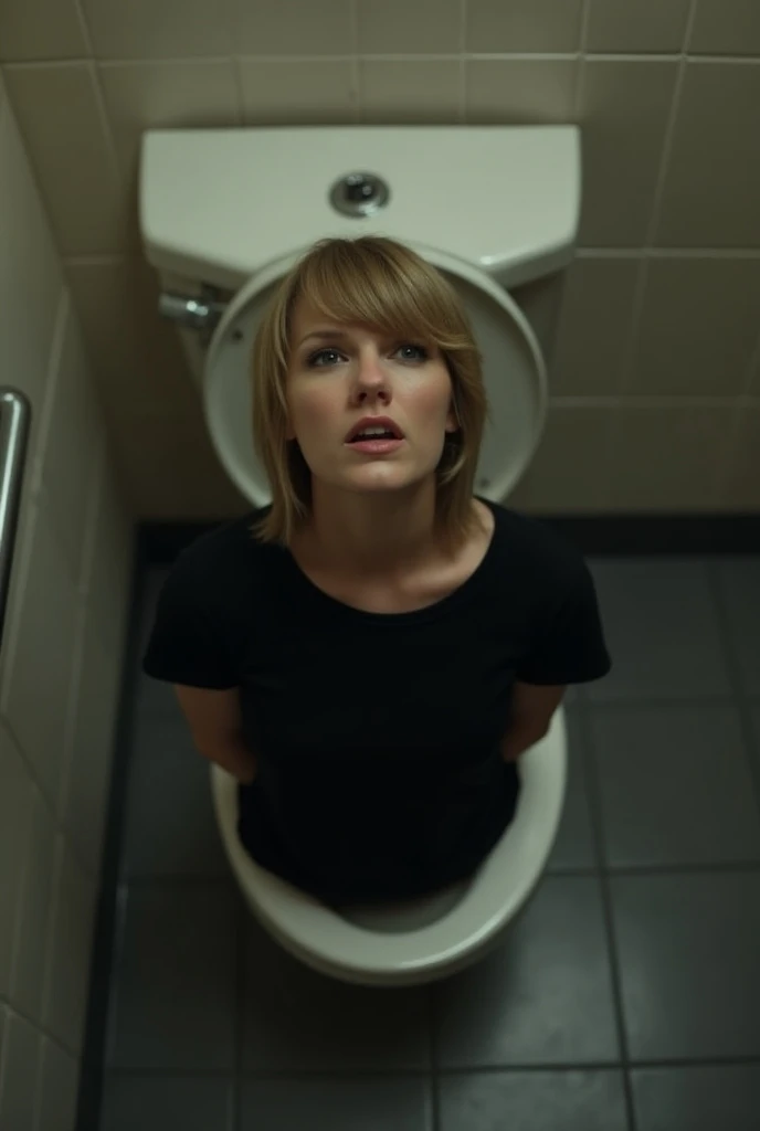 Nude Allison Mack back and butt with feet and butt backwards sitting on toilet backwards with window over house and night in lights