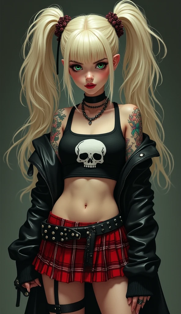 (raw photo, Best Quality), Cute cursed girl with blonde hair, (blonde), (hair over one eye), (white background), high light, Very dark eyeliner, jinxlol, Nice smile, beautiful face , charming, punk, way there, , young looking, hyper detailed face, detailed skin, dark heavy eyeliner, (huge oversized breast), (Thin waist, slender, skinny), ((tight leather pants, dirty and worn)), LowriseXL, ((belt bra)), ((lean against the wall)), (((three bullet belts))), (((three studded belts))), exposed abdomen, tattoos, ((navel piercing)), ((navel piercing)), (thigh belt), leather arm sleeves, ((many hip chains)), ((rock hard abs)), put weight on one leg, Perfect eyes, pale skin, wet skin, ((Hair blue and red, blue and red)) (((harley quiin, harley quin))) white solid background, makeup