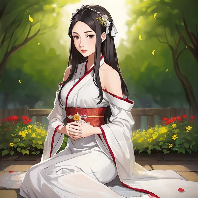 (young woman: 1.5), lace, ribbon, Hanfu, (masterpiece, side light, delicate and beautiful gray eyes: 1.2), masterpiece, realistic, glowing eyes, shiny hair, dark hair, long hair, shiny skin, solo, awkward, strapless, delicate, beautiful, garden, flowers, fluttering petals