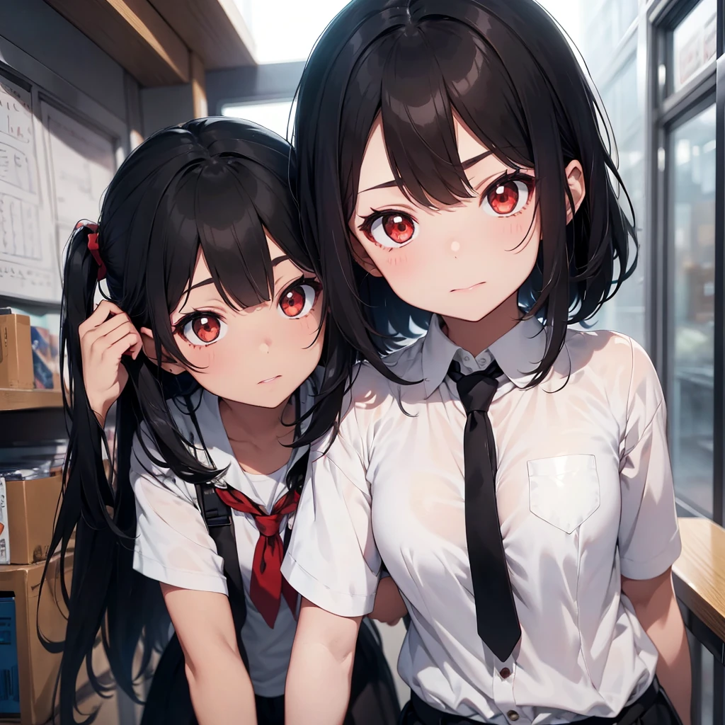 make a boy with short black hair and brown eyes next to a vampire girl with long black hair and red eyes in a school