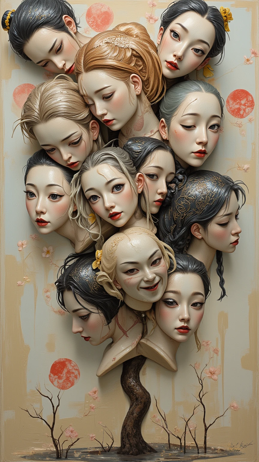 Expressionist artwork images of multiple floating ceramic heads of japanese women, 3d collage style, make it weird and gallery worthy