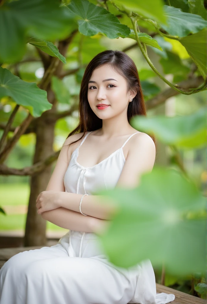 a beautiful woman wearing aoyemtrang dress, white top, white skirt, sitting on a wooden bench surrounded by lush green leaves. The background is slightly blurred, giving the image a dreamy, ethereal feel, fresh and natural, Asian features, slight smile, ultra high definition