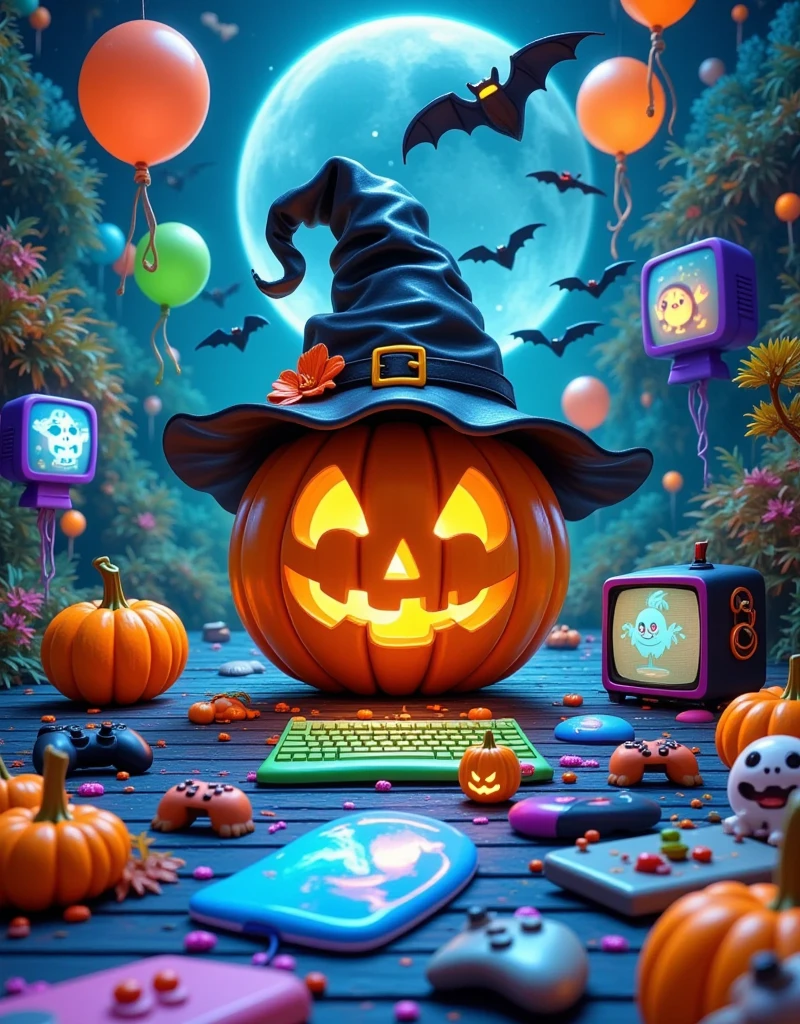 This image is a digital illustration of a Halloween scene. In the center of the picture,there is a large pumpkin with a jack-o '-lantern face carved into it. Pumpkin wears a black witch's hat with a gold buckle and a red flower. The witch was standing on the wooden floor,surrounded by other pumpkins. There are also bats flying around the pumpkin with a full moon in the background. The overall color scheme is orange,black and white,giving a strange and festive feeling.,
This image shows a variety of electronic devices and accessories scattered across a blue surface. In the center of the image,there is a blue and green vintage-style laptop with a large screen. The computer is surrounded by other electronic devices such as keyboards,mice,game controllers and small robots. On the right side of the computer,there are two small black and purple TVS with a cartoon character on the screen. In the background is a dark blue wall with patterned wallpaper. The overall color scheme is bright and vibrant,giving a playful and whimsical feel.,