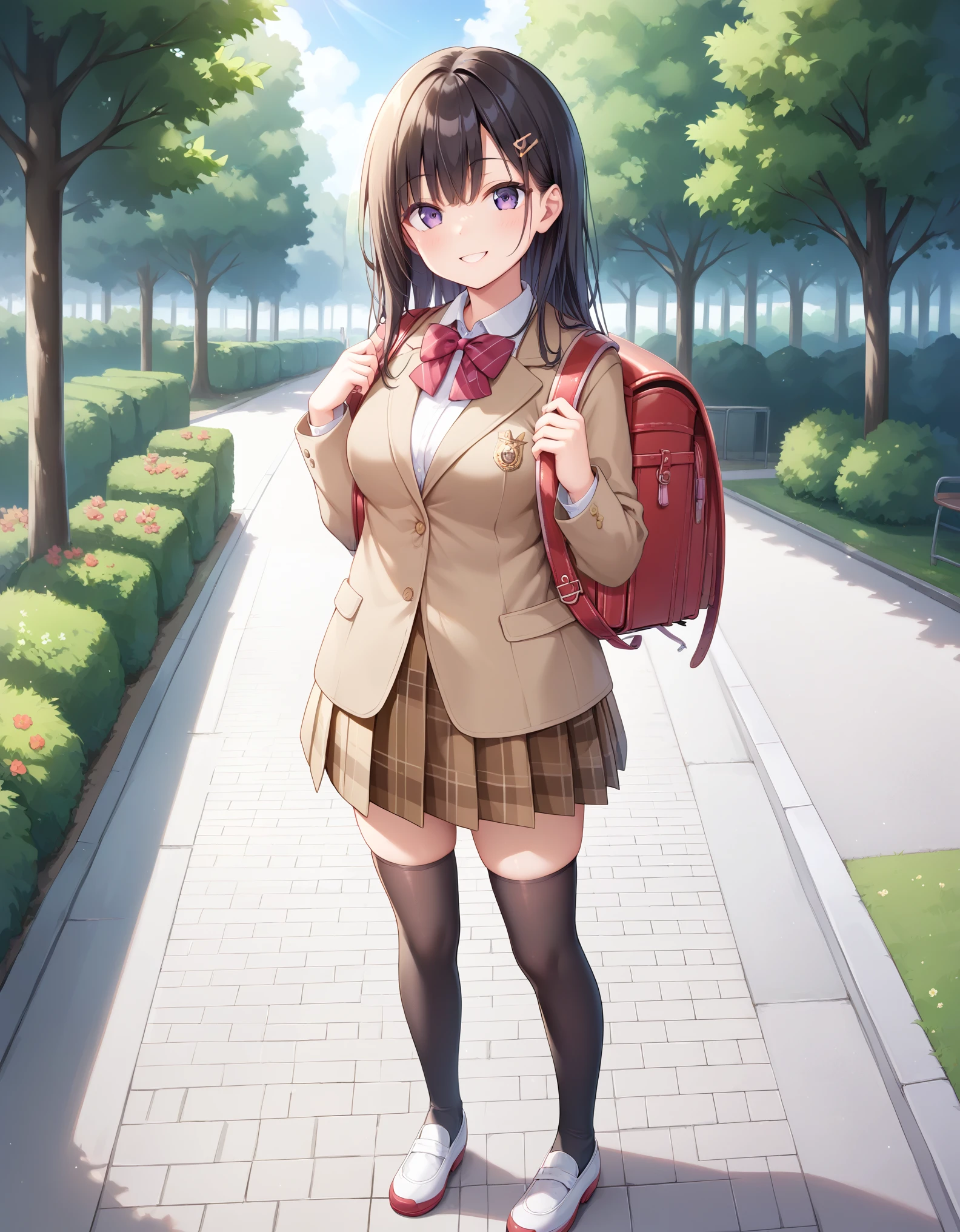 masterpiece, best quality, looking at viewer, from front, High school girl, ,17 y.o, tall body, 1girl, medium breasts hd, detailed purple eyes, black hair, long hair, smile, happy,  hair clip, school uniform, brown blazer, closed jacket, collared shirt,red bowtie, brown plaid skirt, black thighhighs, white shoes, standing, fullbody, outdoor, park, wearing randoseru backpack, brown color backpack  