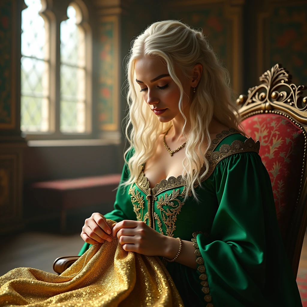 a non-binary person, with a tall figure, short stature, very thin and almost spherical face; it has a mop of tangled blonde hair on his head and dark blue eyes surrounded by deep wrinkles; it dresses in pale green silk fabrics, and with a brown wool tunic, in a castle office full of ancient maps as background; in fantasy medieval style, photographic quality, hyper-realistic image, ultra detailed photo, cinematic lighting, --no eyeglasses, --ar 16:9