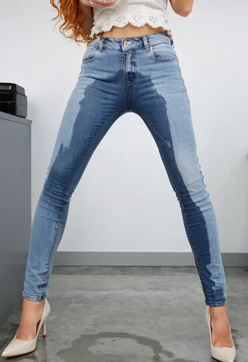 RAW photo, best quality, masterpiece, extremely delicate and beautiful, extremely detailed, highres, realistic, 8k, soft lighting, high quality, cinematic lighting, (2girls), 20 years old, blue jeans pants, ((full body shot)), blush, worried, ((((((pee stain))))))