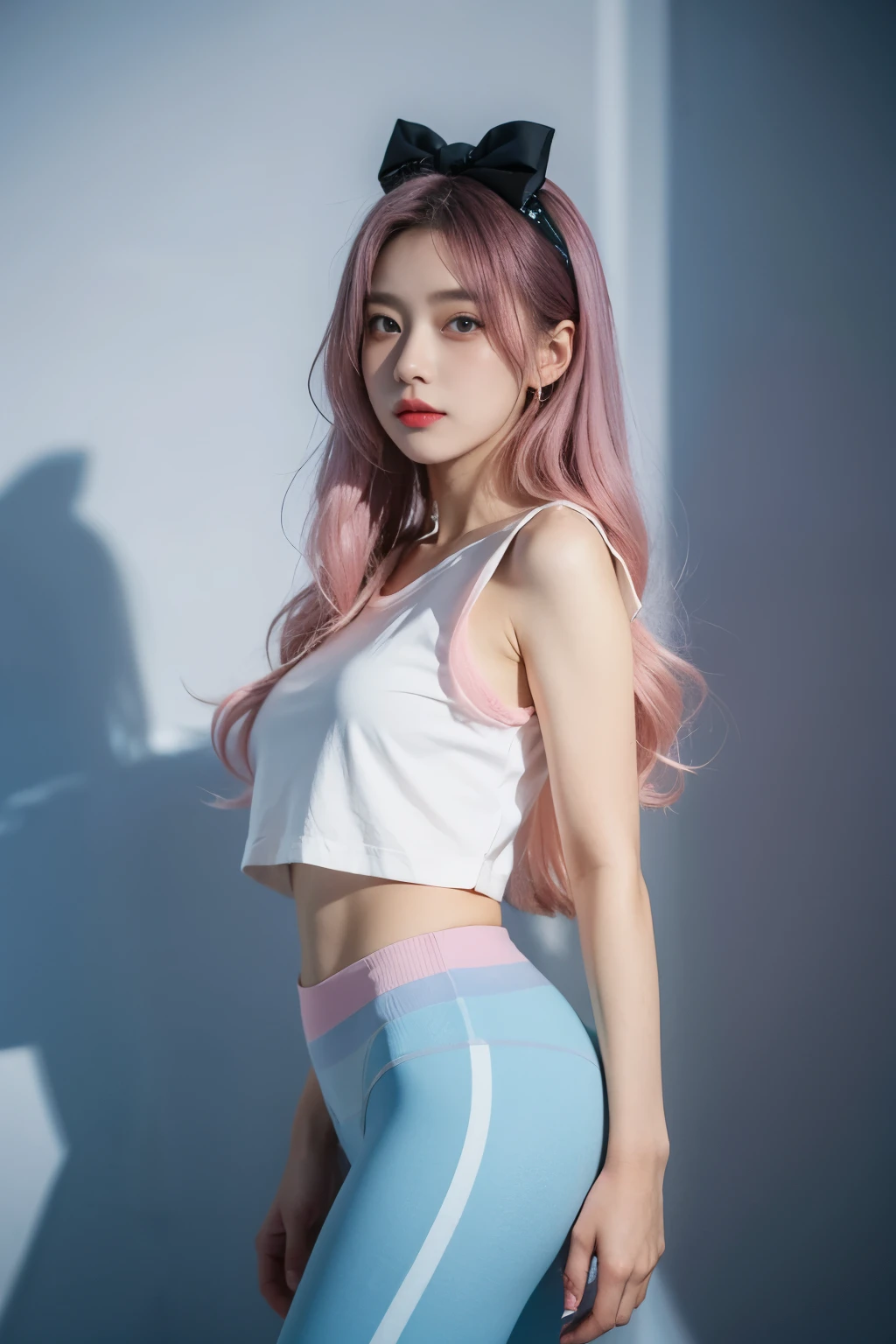 girl, White leggings, [ blue bow ,  pink hair , Hair gradient blue, Purple hairpin,The color of her underwear, You can briefly see, It is light pink.,Pure school,一个漂亮的girl,