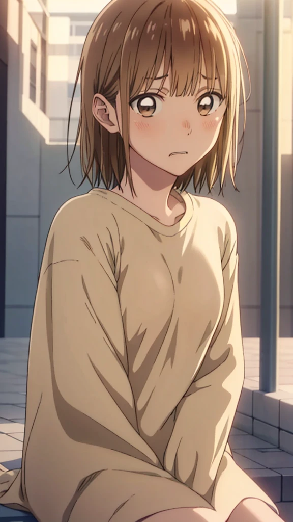 sauce_anime, ambient light,, 1tall girl,
1girl ,, medium hair,  beige hair, , bangs, brown eyes,, ((wince, frown)), perfect eyes , Perfect face, expressive eyes, close up face:0.2, 
(((nude))),
outdoors, school , realistic school, , (sitting),, blush, , 
upper body, looking at viewer,, ,  clenched teeth, saliva ,,, sunny day, medium breast,　　