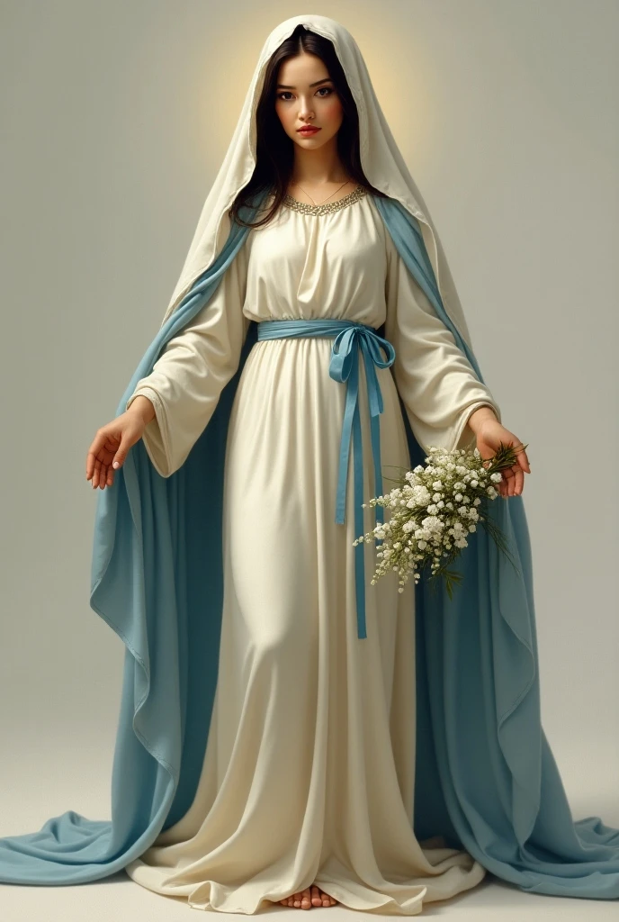 Beautiful woman with light blue eyes, curly black hair, wearing a blue tunic with wide, long sleeves adjusted at the waist by a white sash. Wear a thick white veil.