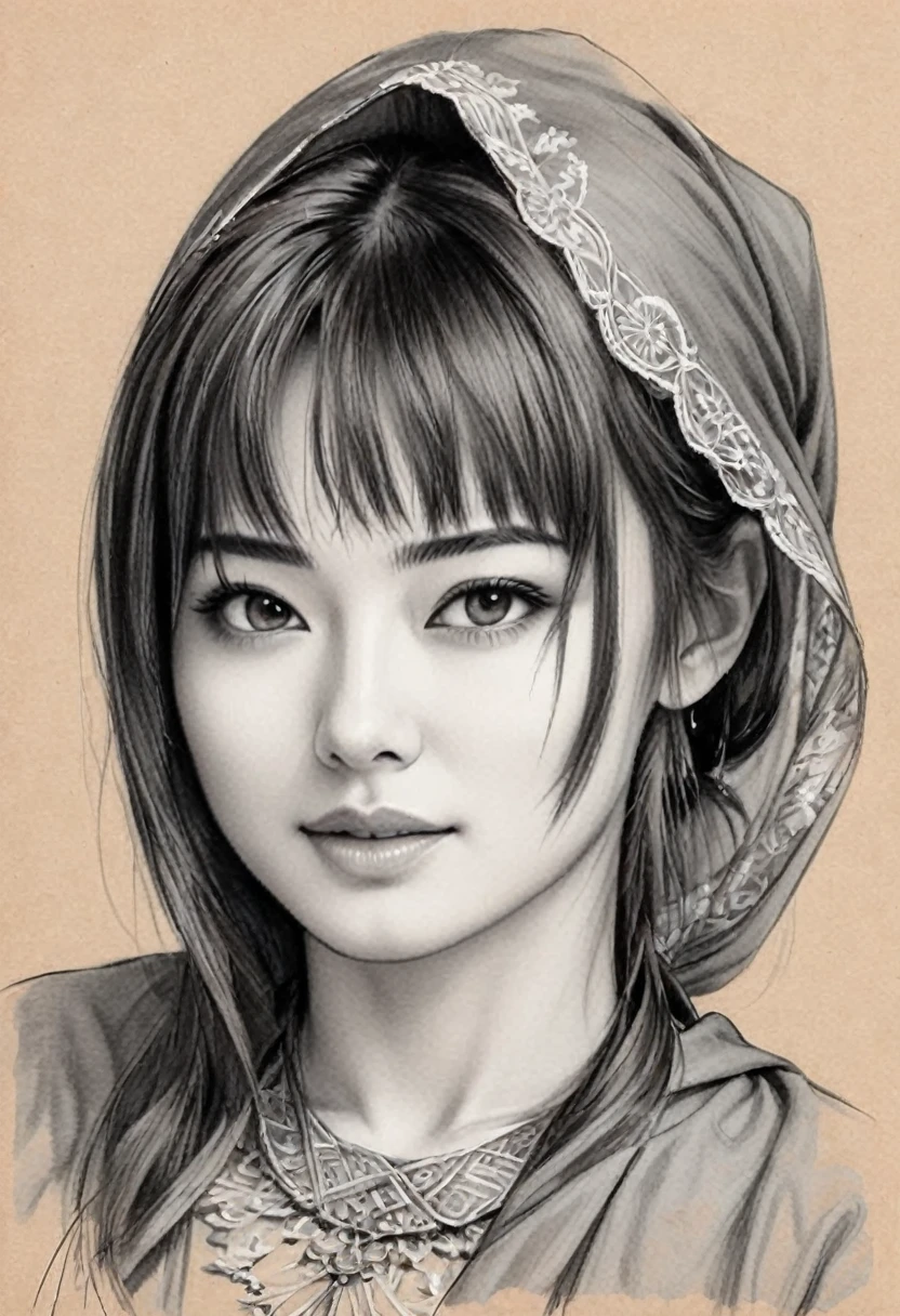 drawing of a woman, realistic sketch, hyperrealistic sketch, detailed pencil sketch, pencil sketch, realistic digital drawing, detailed sketch drawing, highly detailed portrait, detailed 4 k drawing, pencil draw, highly detailed sketch, realistic drawing, extremely detailed portrait, detailed but rough, pencil drawing illustration, realism drawing, detailed sketch, sketch art,((high quality, masterpiece:1.4)), 1girl, ((upper body)), portrait sketch, messy drawing, messy charcoal spots, unfinished sketch, sketchbook charcoal style drawing of a woman, sketchbook drawing, sketchbook, beautiful hair, medium short hair, beautiful face, symmetrical face, symmetrical eyes, ((paper material background)), realistic charcoal lines, imperfect drawing, charcoal crumbs, charcoal lines, imperfections, Japanese woman wearing an ornated veil, realistic