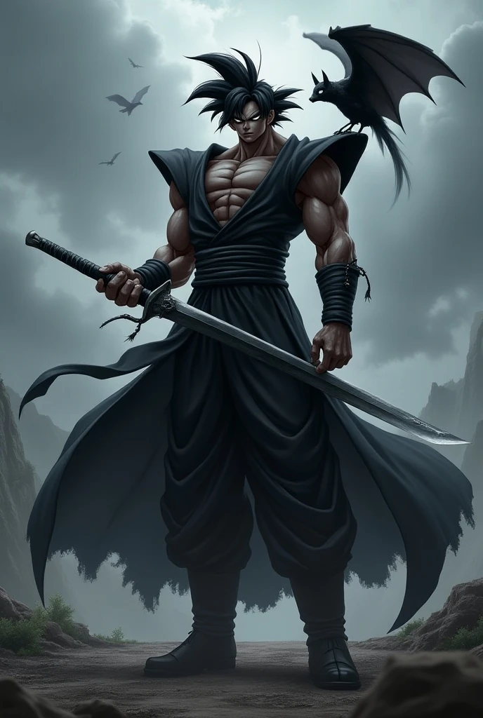 Create a character with wind power and two scythes with chains shirtless with bands on the arms black and white hair