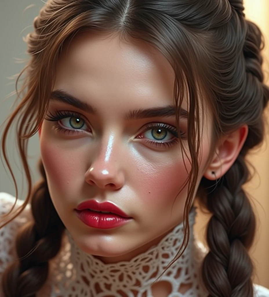 Very blue eyes of a super cute girl with dark brown hair and a red ribbon in her hair, with sprinkled freckles. extremely beautiful 
